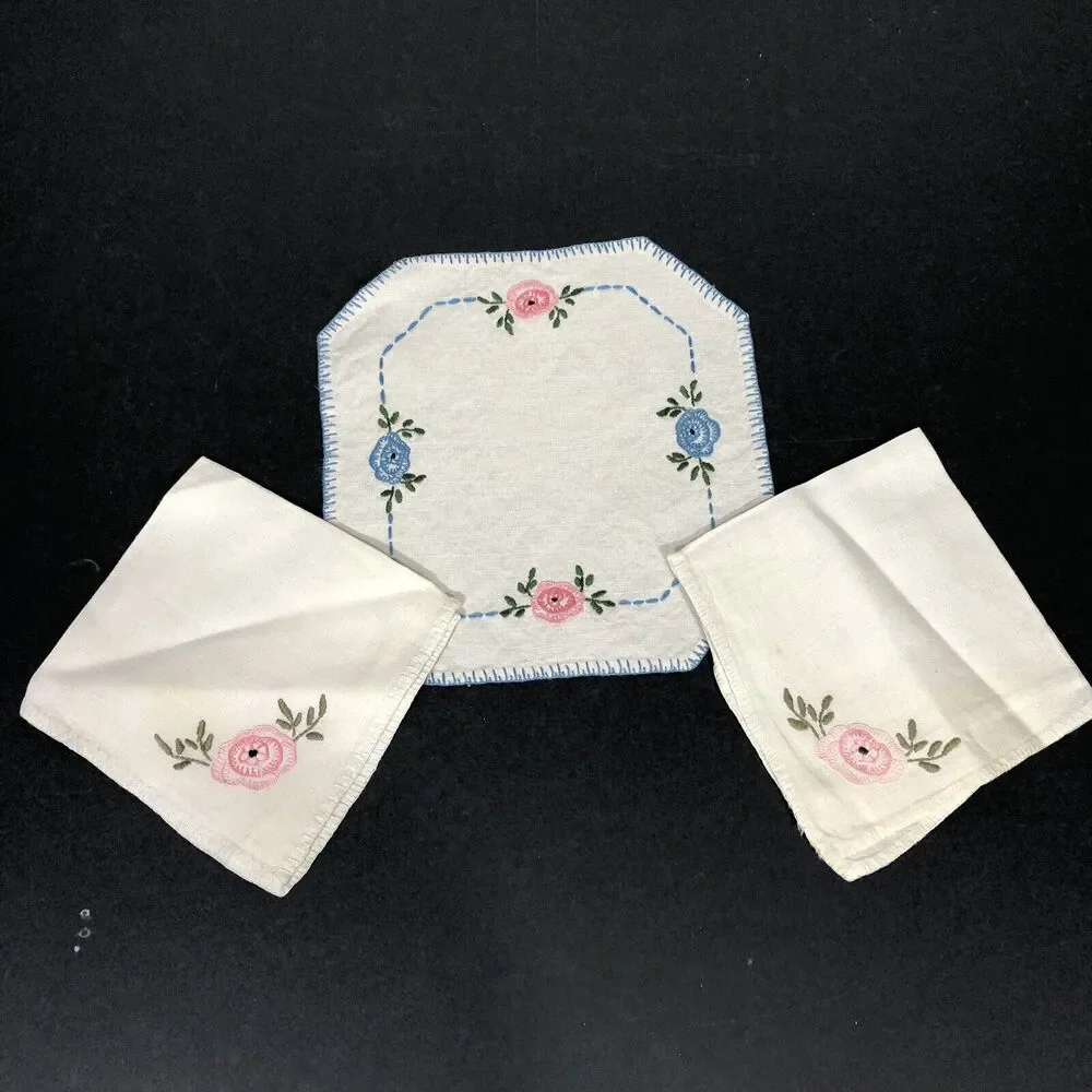 Vintage Small Table Topper Linens Blue and Pink Flowers Needlepoint Handmade 3pc